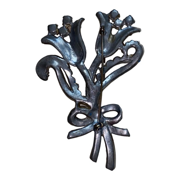 Vintage Rhinestone Tulip Flower Bow Brooch Silver Tone Old Pot Metal 30’s-40’s - Picture 5 of 9